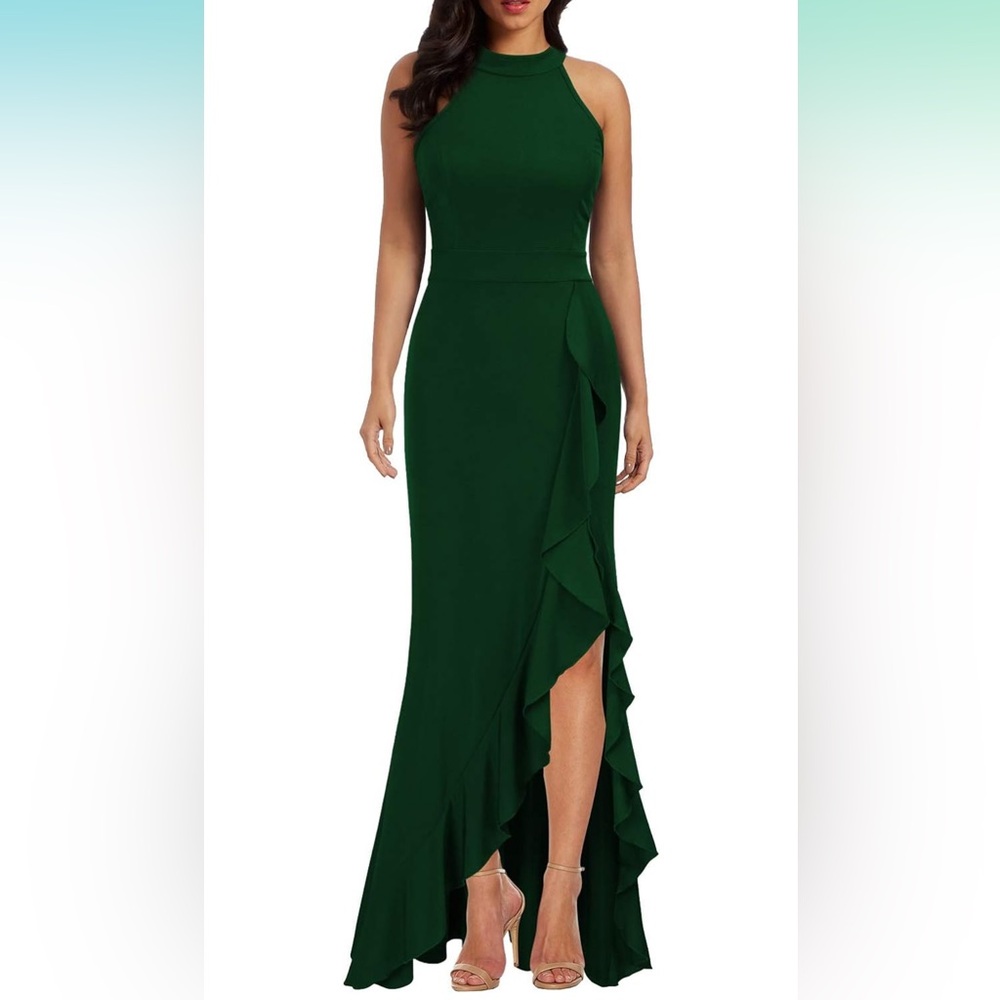 WOOSEA Women's High Neck Split Bodycon Mermaid Evening Cocktail Long Dress Large